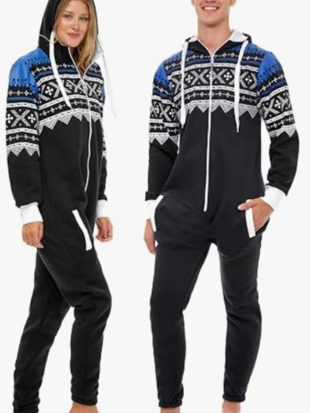 Skylinewears Men’s XL Hooded Onesie Pajamas – Black Aztec Fair Isle Jumpsuit